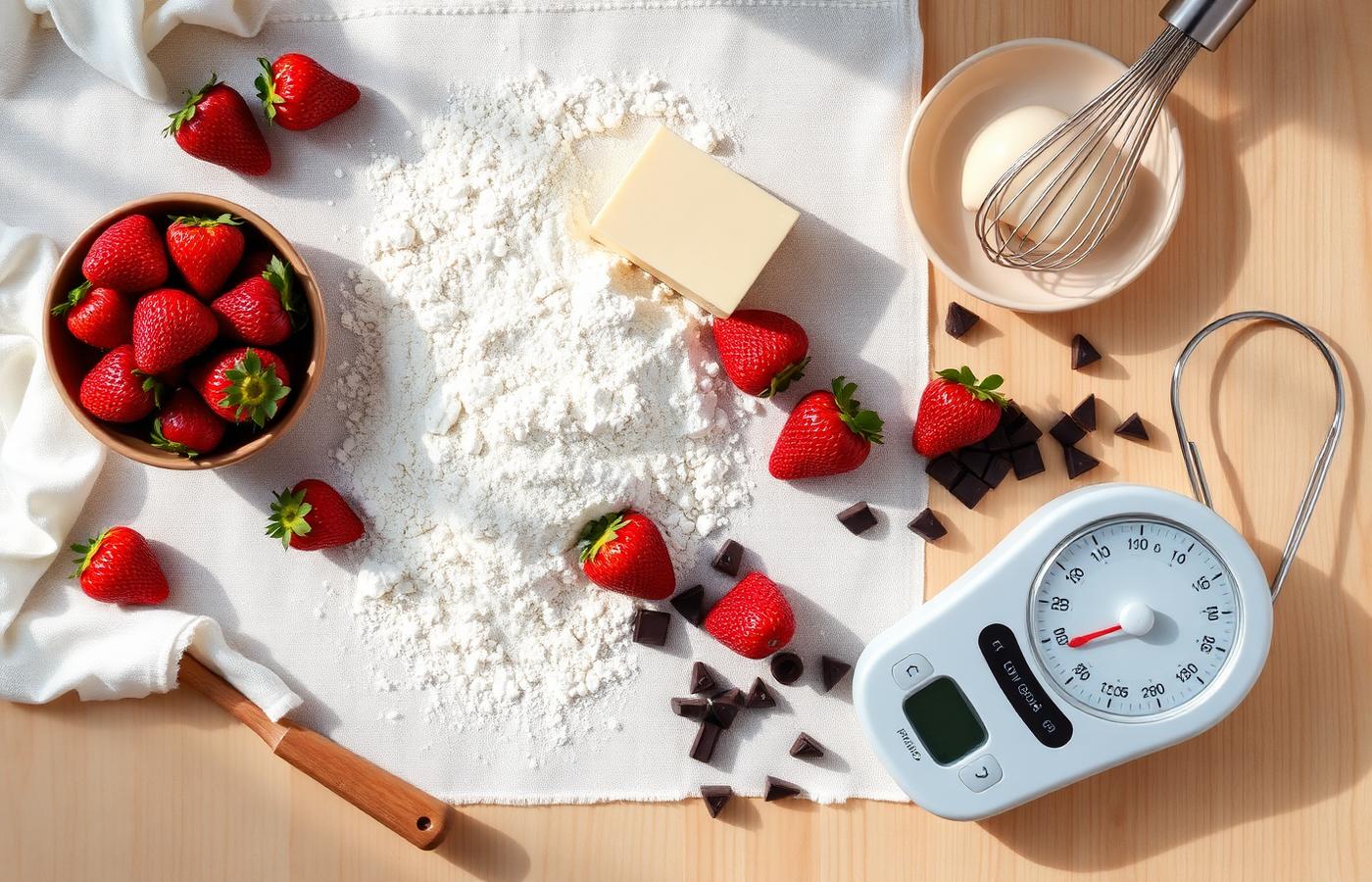 Ingredientes de confeitaria pesados e organizados sobre a bancada